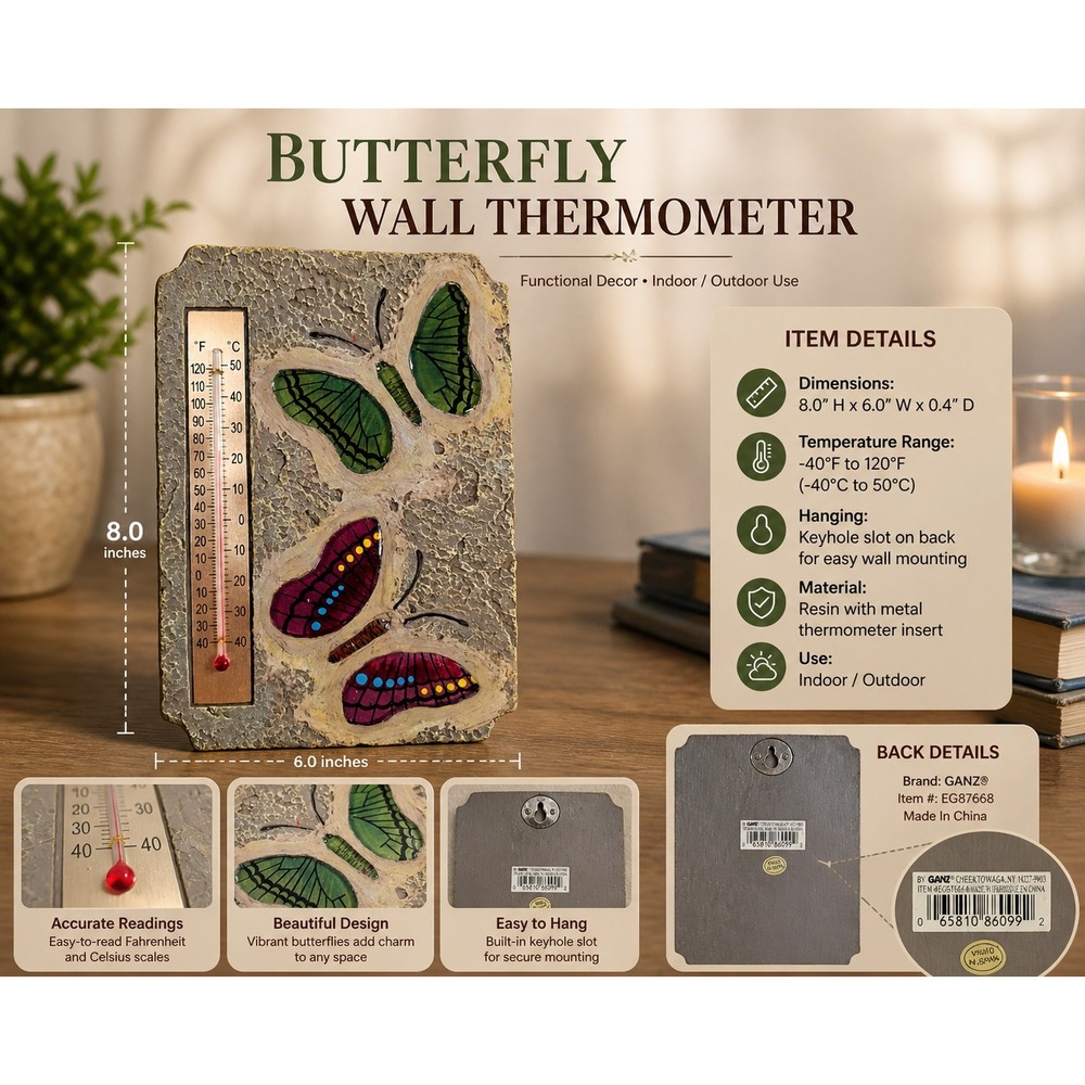 Ganz Butterfly Wall Thermometer Resin Stone Look Plaque EG8768 Green Purple 8.5"